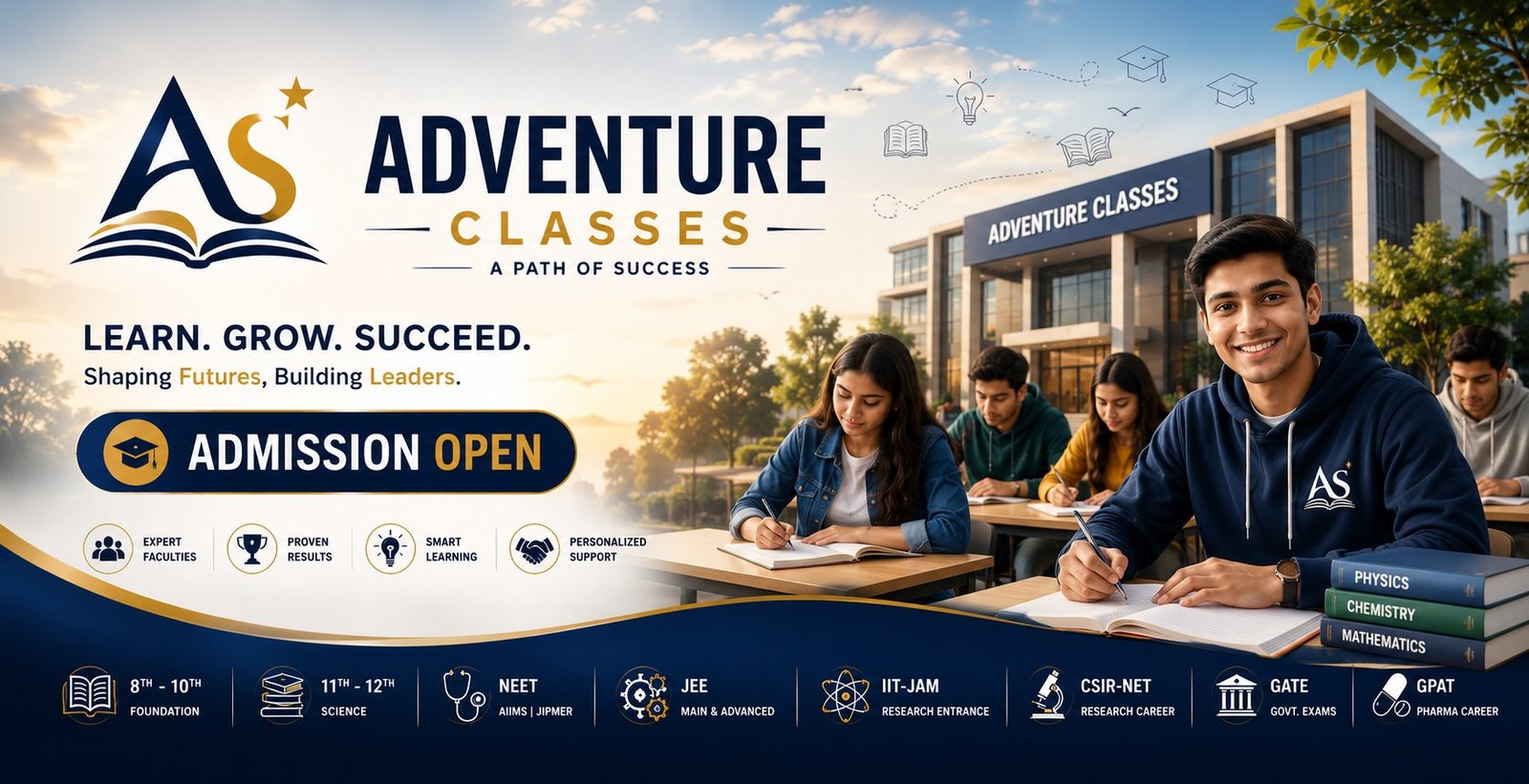 Adventure Classes — admission open. Class 8 to 12 foundation, NEET, JEE, IIT-JAM, CSIR-NET, GATE and GPAT.